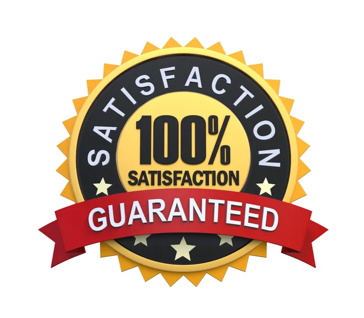 A gold and red badge reading 100% Satisfaction Guaranteed